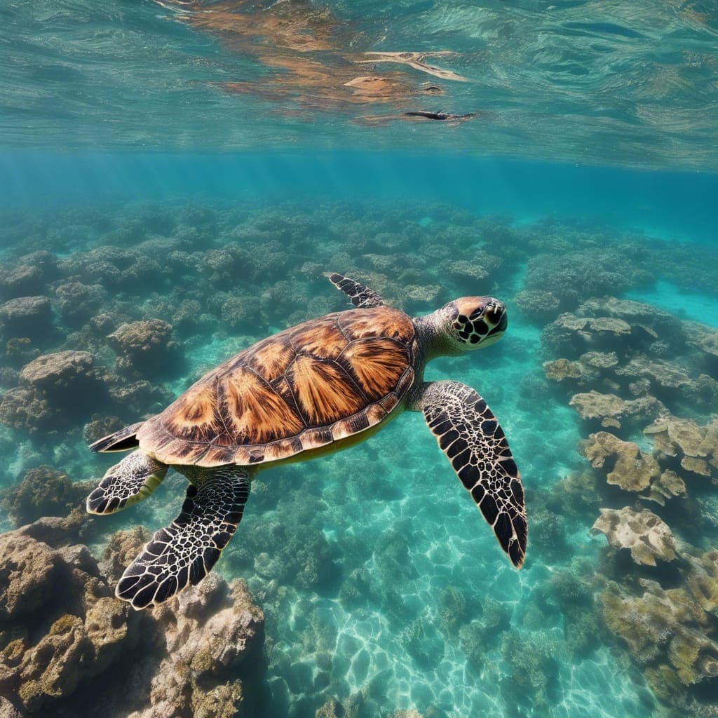 Hawksbill sea turtle swimming over coral at the Daymaniyat Islands, Oman